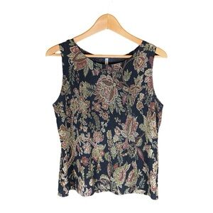 White Stag Shirt Women’s Size Large Sleeveless Tank Top Black Floral Grandma 90s
